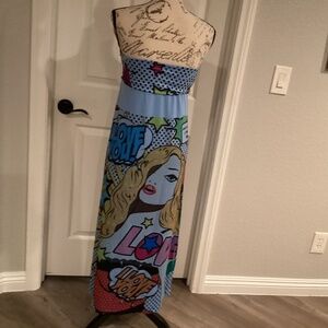 Casalee Women Sleeveless Cartoon Dress, Size Medium, Color Blue Multi Color